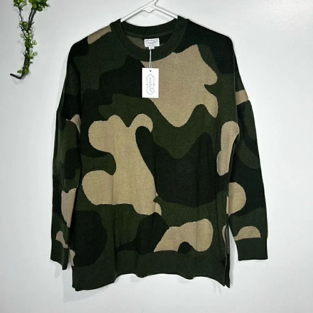 Mud Pie Camouflage Green Tan Autumn Jacquard Sweater NWT!